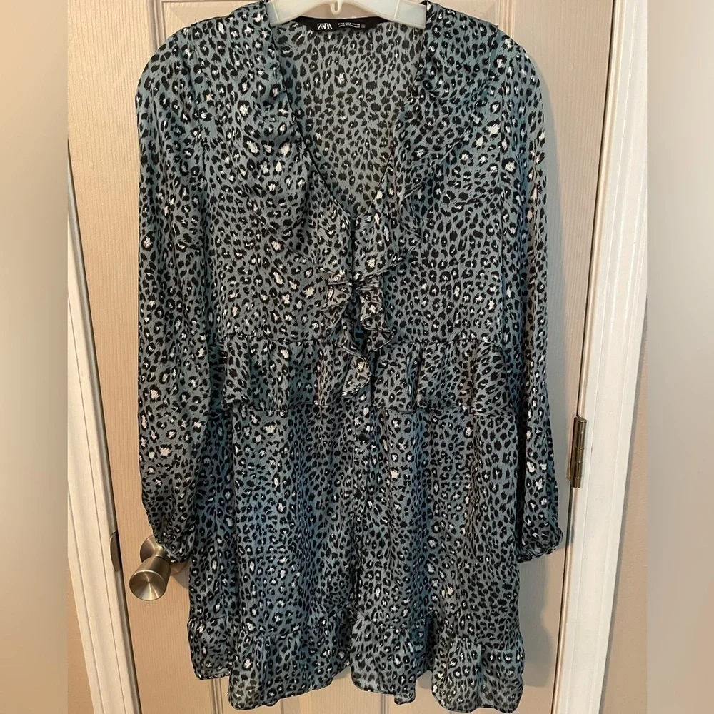 Zara Long Sleeve Animal Print Ruffle Mini Dress